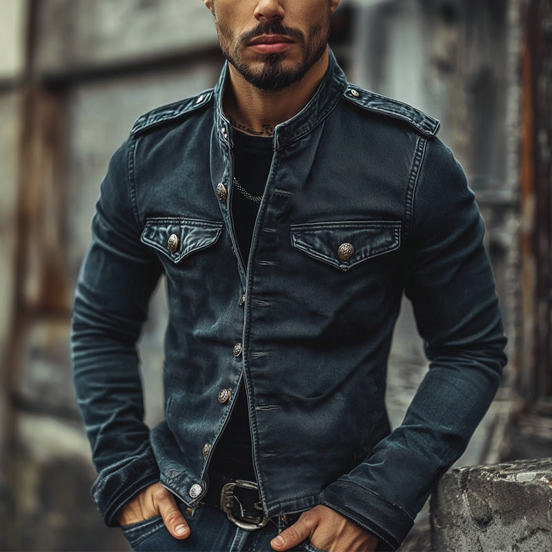Heren Vintage Denim Jas met Staand Kraag 7G4KJ2L8