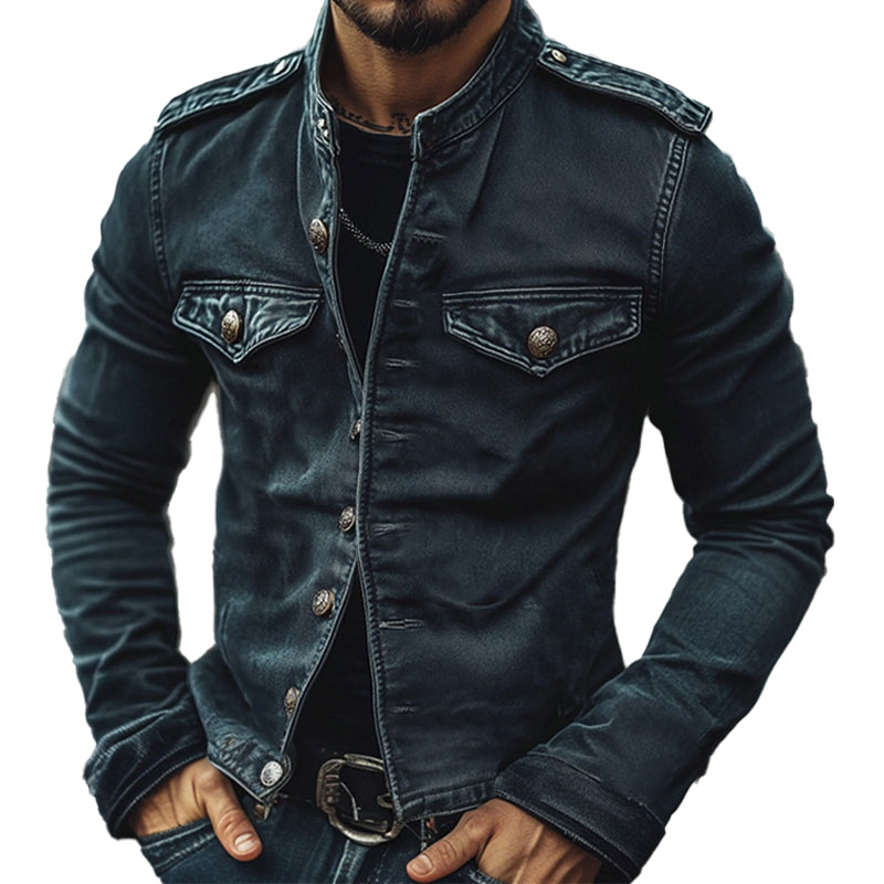 Heren Vintage Denim Jas met Staand Kraag 7G4KJ2L8