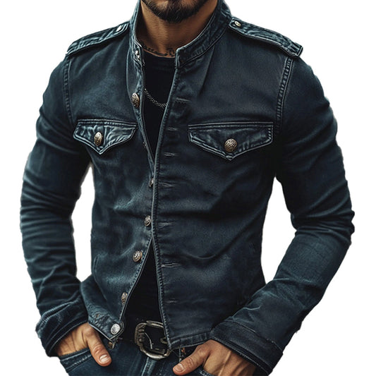 Heren Vintage Denim Jas met Staand Kraag 7G4KJ2L8